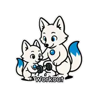a sticker of two foxes holding dumbbells and the word workout below them