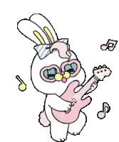 a cartoon rabbit is playing a pink guitar and wearing sunglasses .