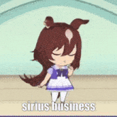 a cartoon character with a horse 's head is standing on a wooden floor and says sirius business .