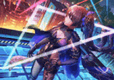 a girl in a futuristic outfit holds a sword