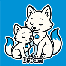 a cartoon drawing of a mother fox and her baby fox with the word dream below them