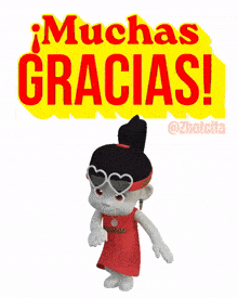 a cartoon girl wearing heart shaped sunglasses stands in front of a sign that says " muchas gracias "