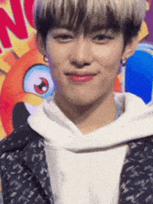 a close up of a young man 's face with a colorful background .