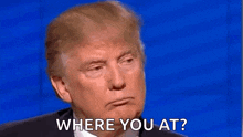 donald trump is making a funny face while talking on a blue background .