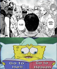 a cartoon of spongebob reading a book about go to hell and go to heaven