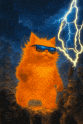 an orange cat wearing sunglasses is surrounded by gorillas and a lightning bolt