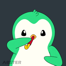 a cartoon of a penguin blowing a party horn with confetti falling around him