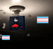 a picture of a transgender person is surrounded by a transgender flag