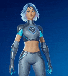 a woman with blue hair is wearing a futuristic outfit with a shield on her chest