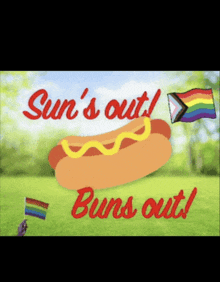 a picture of a hot dog with the words sun 's out buns out written on it