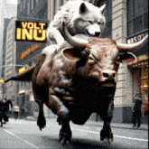 a wolf is riding on the back of a bull with a volt inu sign in the background