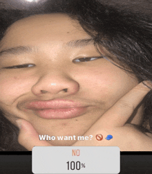 a picture of a person with a sticker that says who want me no 100 %
