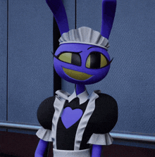 a blue cartoon character wearing a black and white maid outfit