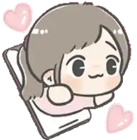a cartoon girl is laying on a bed holding a cell phone and surrounded by hearts .