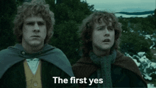 two men standing next to each other with the first yes written on the bottom right