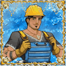 a man in a hard hat is holding a blue toolbox