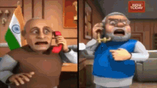 a cartoon of a man talking on a phone and another man pointing at him