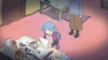 a cartoon of a girl sitting at a desk with a piece of paper in her hand