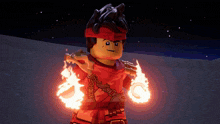 a lego character with fire coming out of his hands and arms