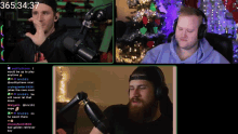 two men are sitting in front of a microphone with the time of 365:3437 on the screen