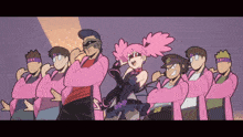 a group of people wearing pink shirts with the letters tnt on them