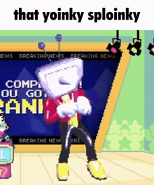 a cartoon character is standing in front of a breaking news sign
