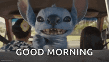stitch from disney 's lilo and stitch is sitting in the back seat of a car waving .
