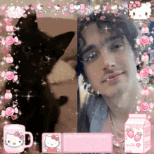 a picture of a black cat and a picture of a man with hello kitty stickers