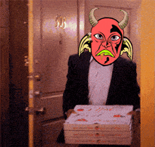 a man with a devil mask is carrying a pizza box