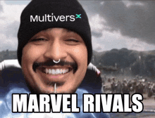 a man wearing a beanie that says multivers x on it