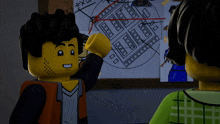 two lego figures are standing in front of a board with a drawing of a city on it