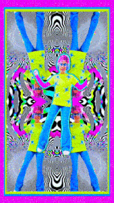 a woman in a yellow shirt is surrounded by a kaleidoscope of images