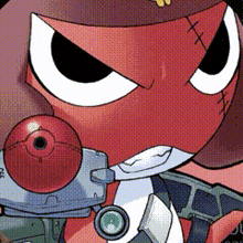 a close up of a cartoon character 's face with a red ball in his mouth