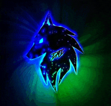 a blue and green logo of a wolf with a galaxy background .