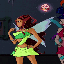 a cartoon of a girl in a green dress standing next to another girl