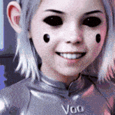 a close up of a person 's face with the word voo on their chest