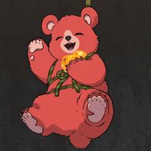 a cartoon drawing of a red teddy bear with a yellow flower in its mouth