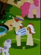 a pony wearing a striped shirt and straw hat