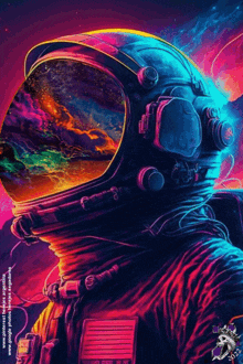 a colorful painting of an astronaut with a skull on the bottom right