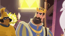 a cartoon of a king with a beard and a crown standing next to a woman .