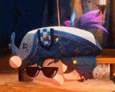 a cartoon character wearing sunglasses and a hat with feathers on it