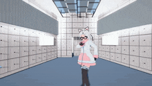 a girl with glasses and a cat ear is standing in a room with a lot of lockers