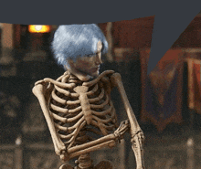 a skeleton with blue hair is standing in front of a building
