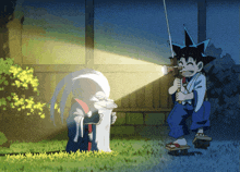 a cartoon drawing of a boy holding a flashlight and a sword