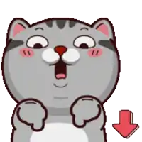 a cartoon cat with a surprised look on its face and an arrow pointing down