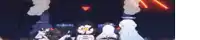 a group of anime characters are standing in a dark room .