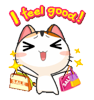 a cartoon cat is holding up a sale bag