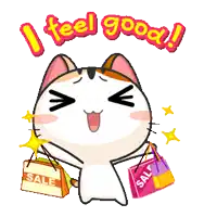 a cartoon cat is holding up a sale bag