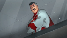 a man with a mustache is standing with his arms crossed on a balcony