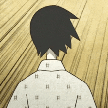 the back of a cartoon character with black hair and a white shirt is standing on a wooden floor .